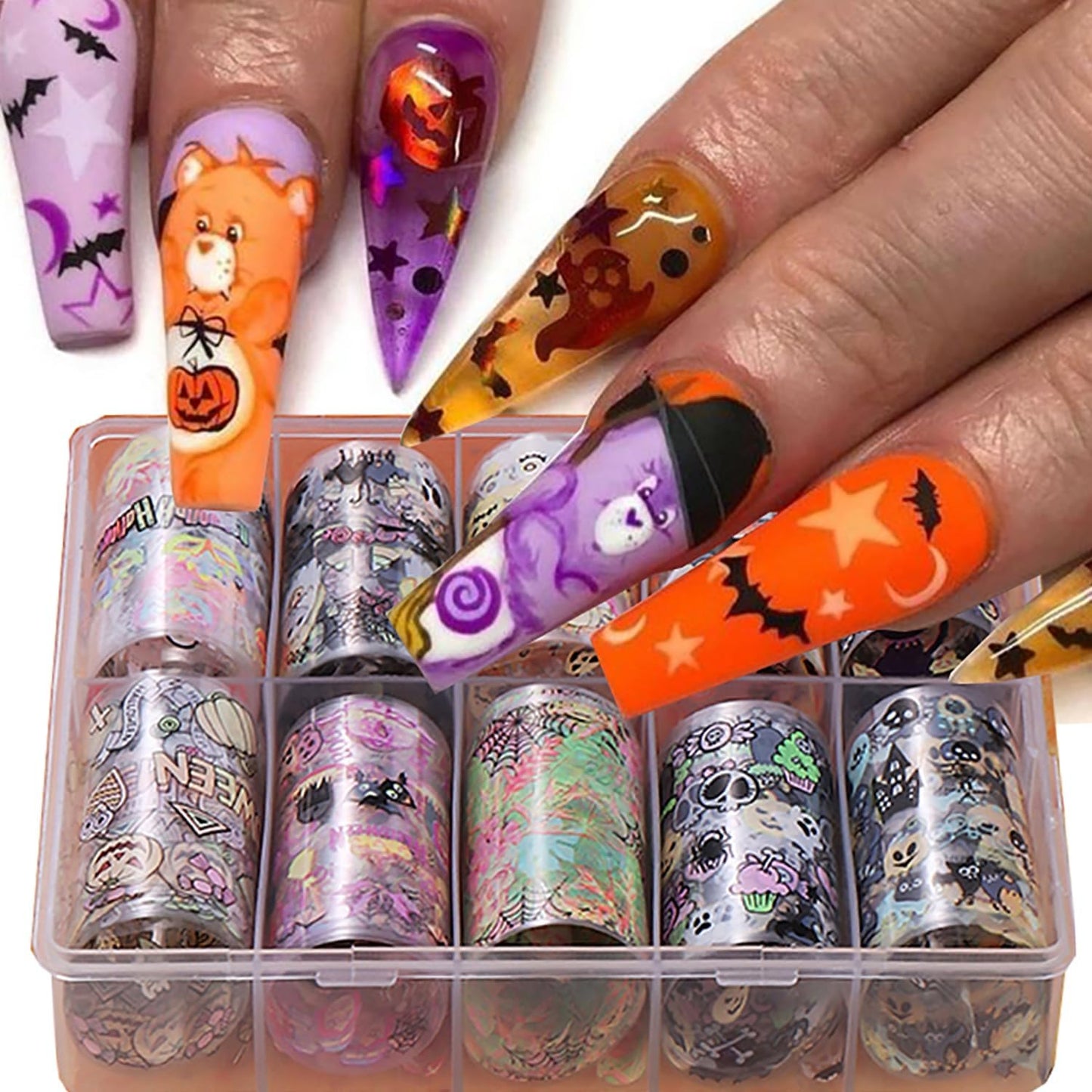 Halloween Nail Foil Transfers Stickers 10 Rolls Cartoon Design Halloween Nail Art Foils Decals Ghost Pumpkin Spider Bat Nail Transfer Foil Cute Nails Supplies Set for Women DIY Manicure Decorations