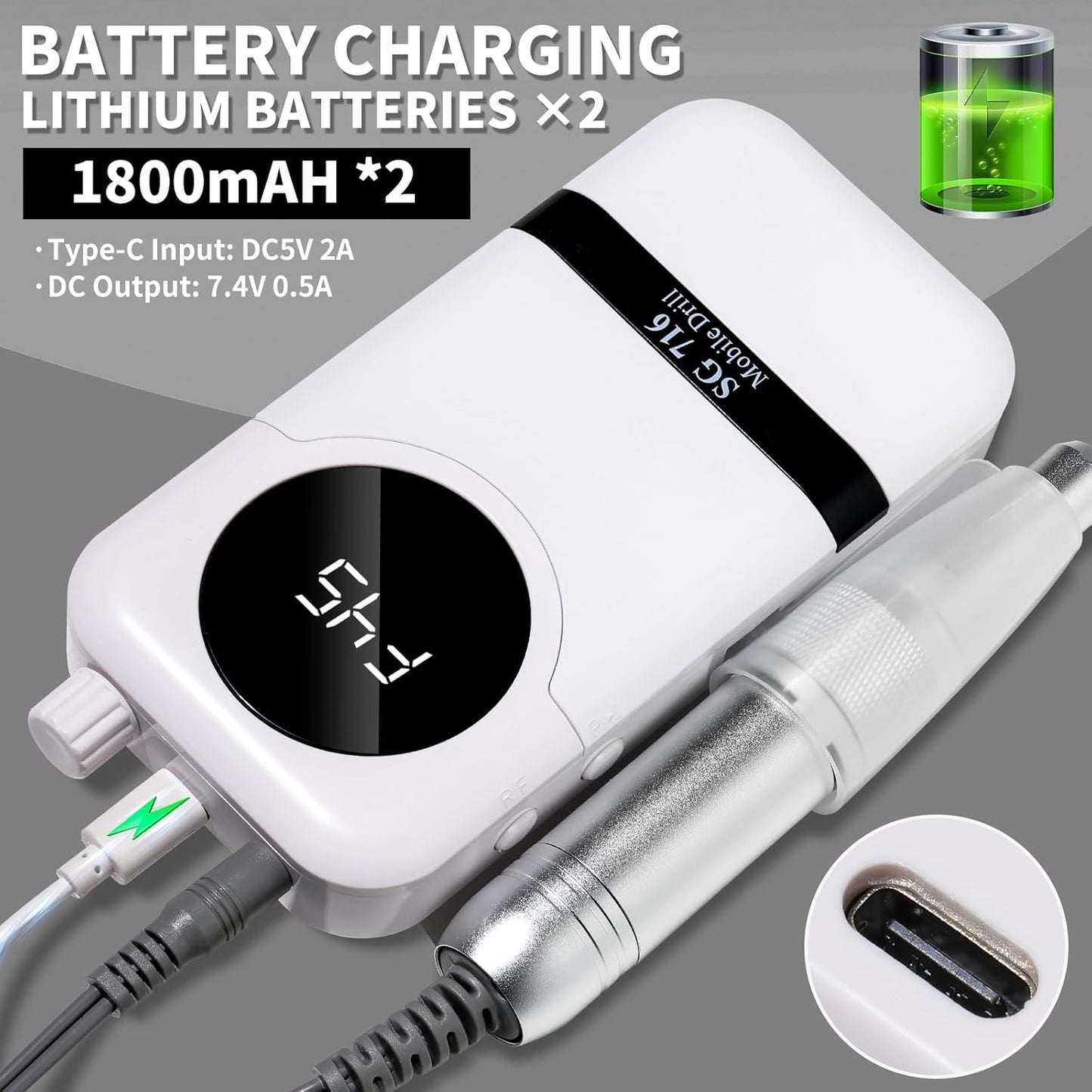 Electric Nail Drill Professional Kit - 45000RPM Electric Nail File Efile Portable Nail Drill Cordless with Bits & Base,E File Machine Nail Grinder for Women (White)