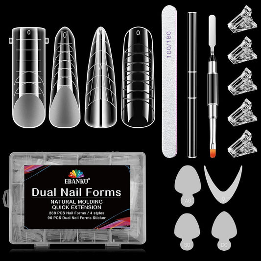 EBANKU Dual Forms for Poly Gel, 288PCS Poly Nail Gel Forms for French Nails, 96PCS Dual Forms Silicone Reusable Pads, 5PCS Nail Clips, Brush Pen Nail Files Buffer, Nail Extension Kit for Builder