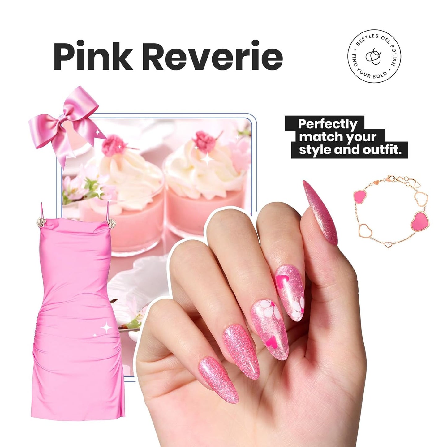 Beetles Glitter Nail Polish Set, 6 Colors Pink Nail Polish Kit Shimmer Gold Nude Jelly Pink Reverie Quick Dry Fingernail Polish Gifts for Women Salon DIY Manicure Kit