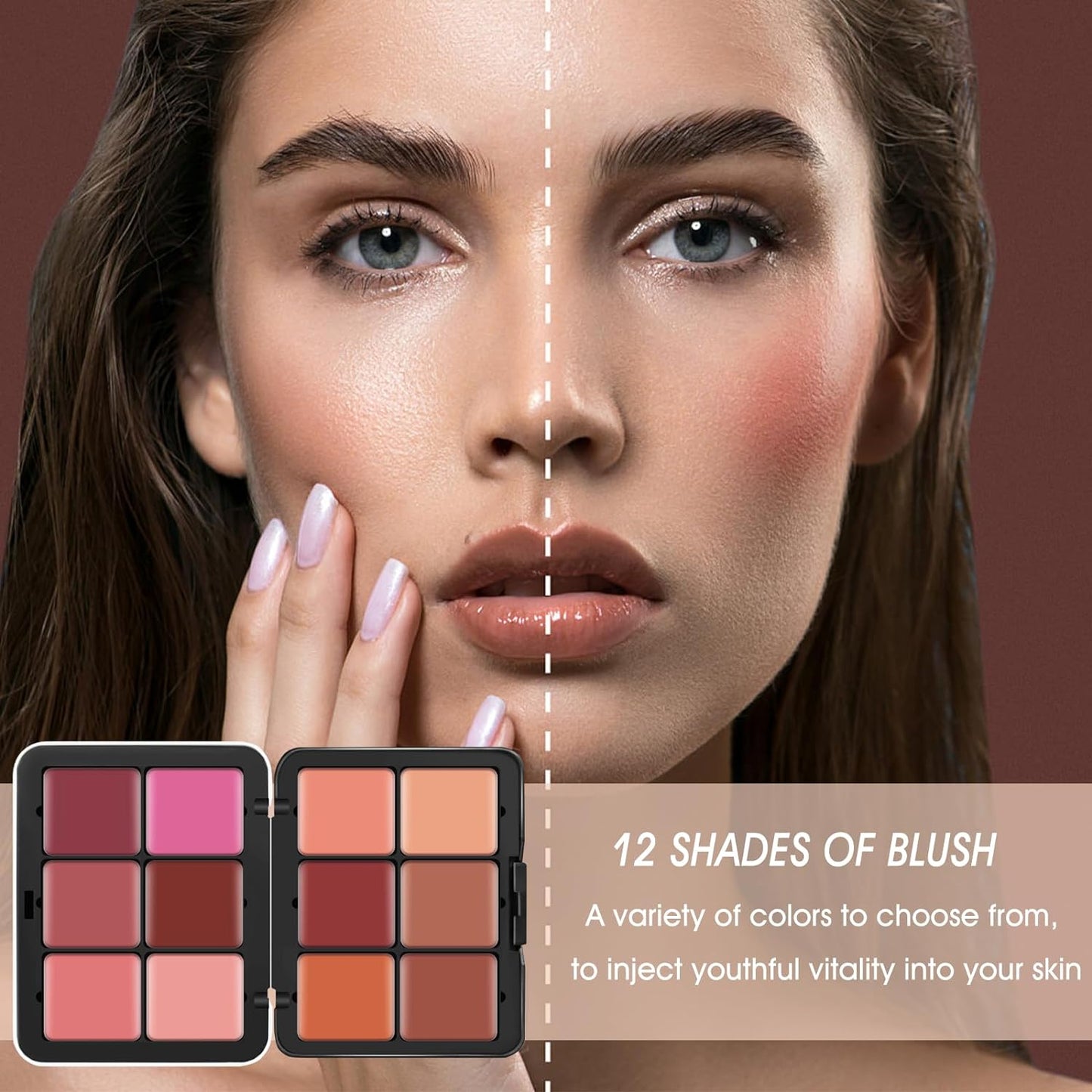 12 Colors Cream [Blush] Makeup Palette for Cheeks - Multi-functional Blush Makeup Palette with Brush, Natural Matte Long Wearing, Waterproof Blendable Face Makeup Palette (#01)
