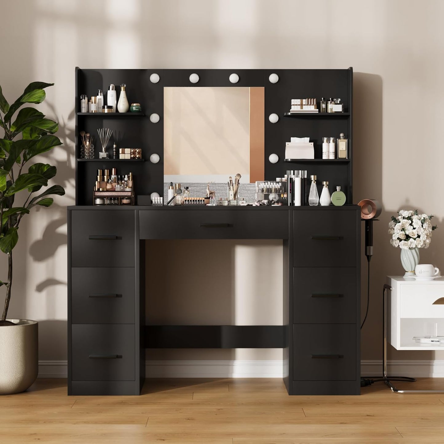 Furmax Vanity Desk with Mirror, LED Lights and Power Outlet Makeup Vanity Table with 7 Drawers and 6 Storage Shelves Dressing Table for Bedroom Dressing Room (Black)