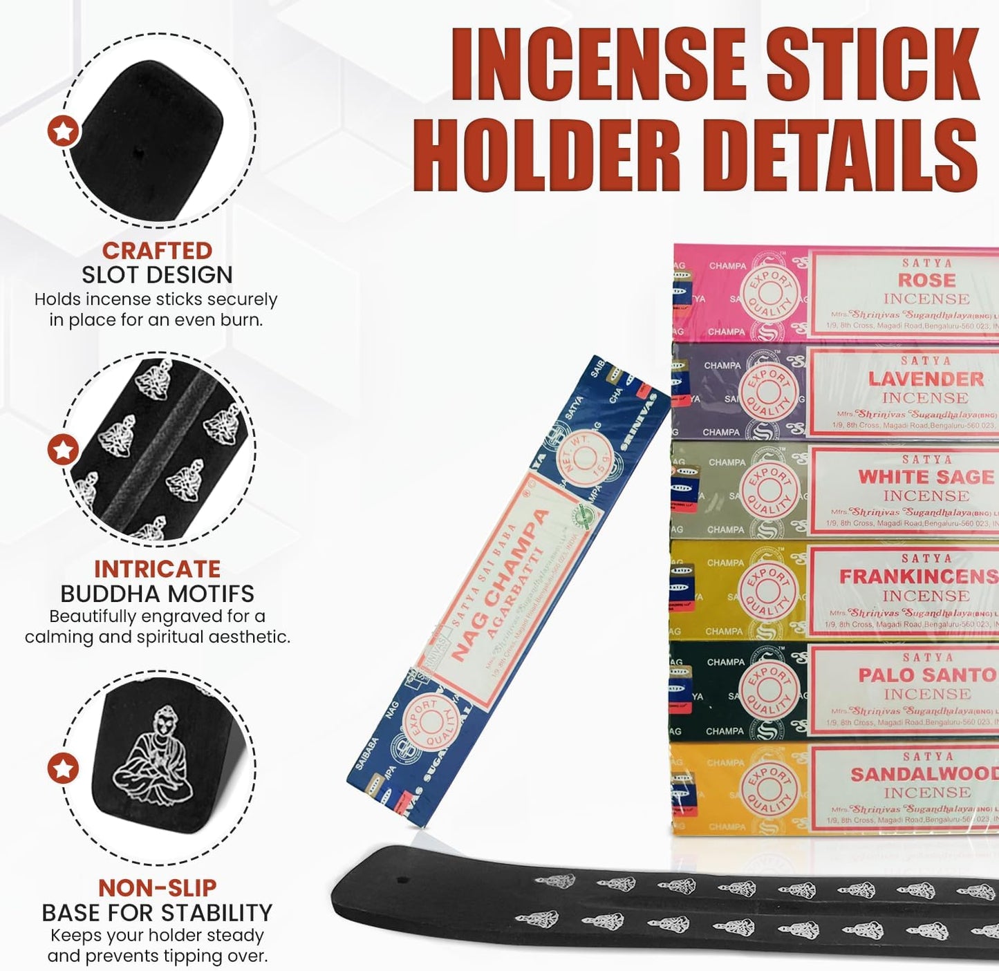 Incense Holder Bundled with Satya Sai Baba Incense Gift Set Nag Champa, White Sage, Lavender, Rose, Palo Santo, Frankincense, Sandalwood 15gms