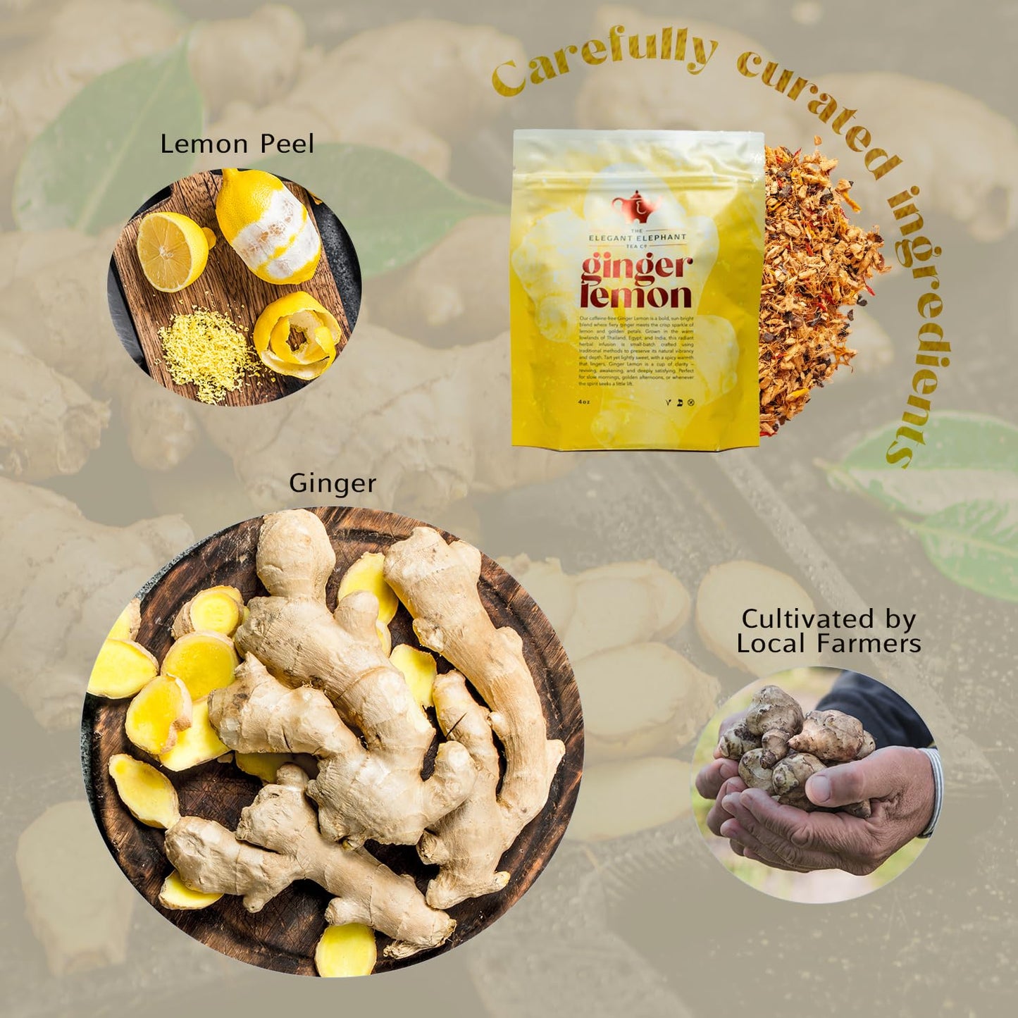 Ginger Lemon Tea, Loose Leaf Herbal Tea – Helps Reduce Nausea and Motion Sickness – Detox & Immunity Support – Drink Hot or Iced – 4 oz Resealable Bag (Makes 50 Cups) – The Elegant Elephant