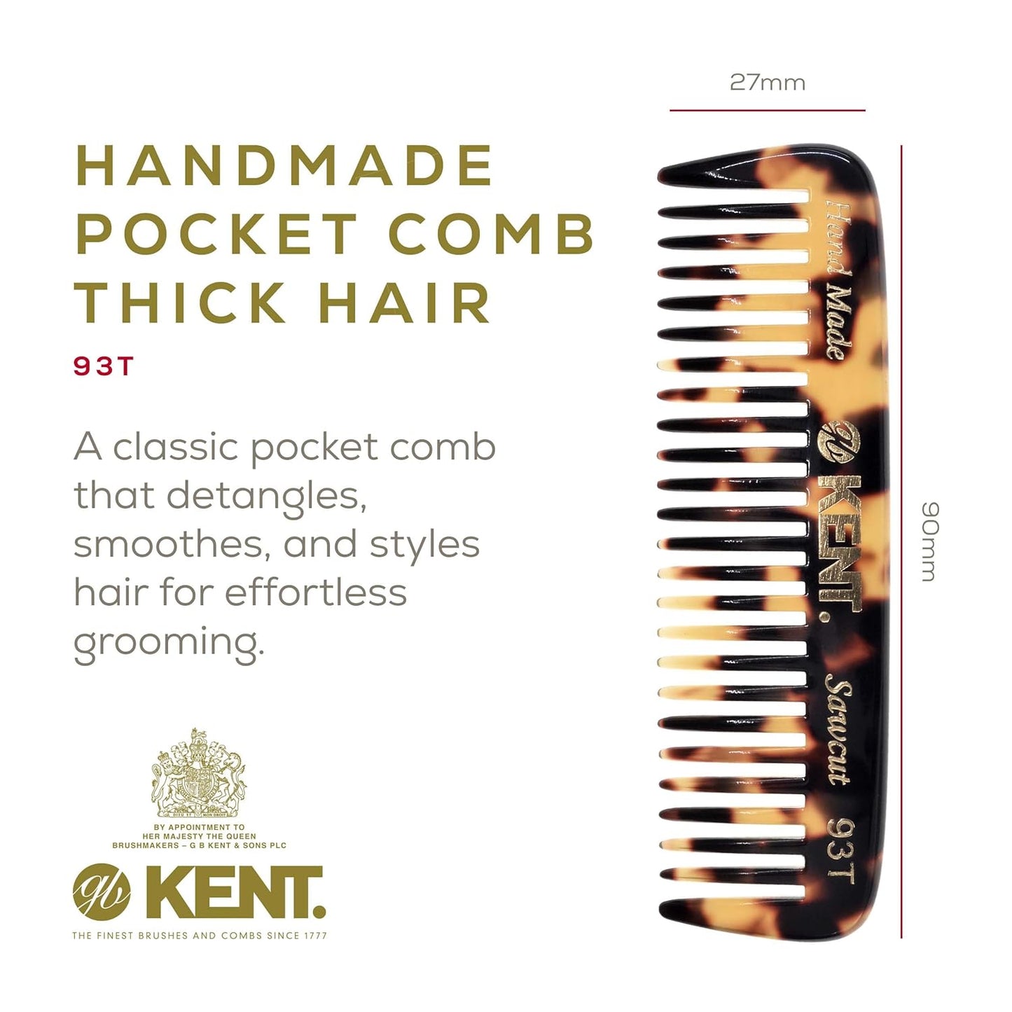 Kent 93T Tokyo Yellow Beard Comb for Men - Wide Tooth Men's Comb, Ideal For Mustaches and Beards and Facial Hair, Small Pocket Sized Travel Detangler Combs, Saw-Cut, Hand Polished, Made in England