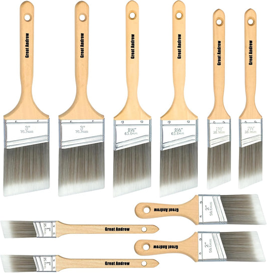 Great Andrew 10 Pack Paint Brushes with Wood Handle (1" 1.5" 2" 2.5" 3"), Angle Sash Brushes for Trim, Walls, All Latex, Oil Paints & Stains, Interior & Exterior Home