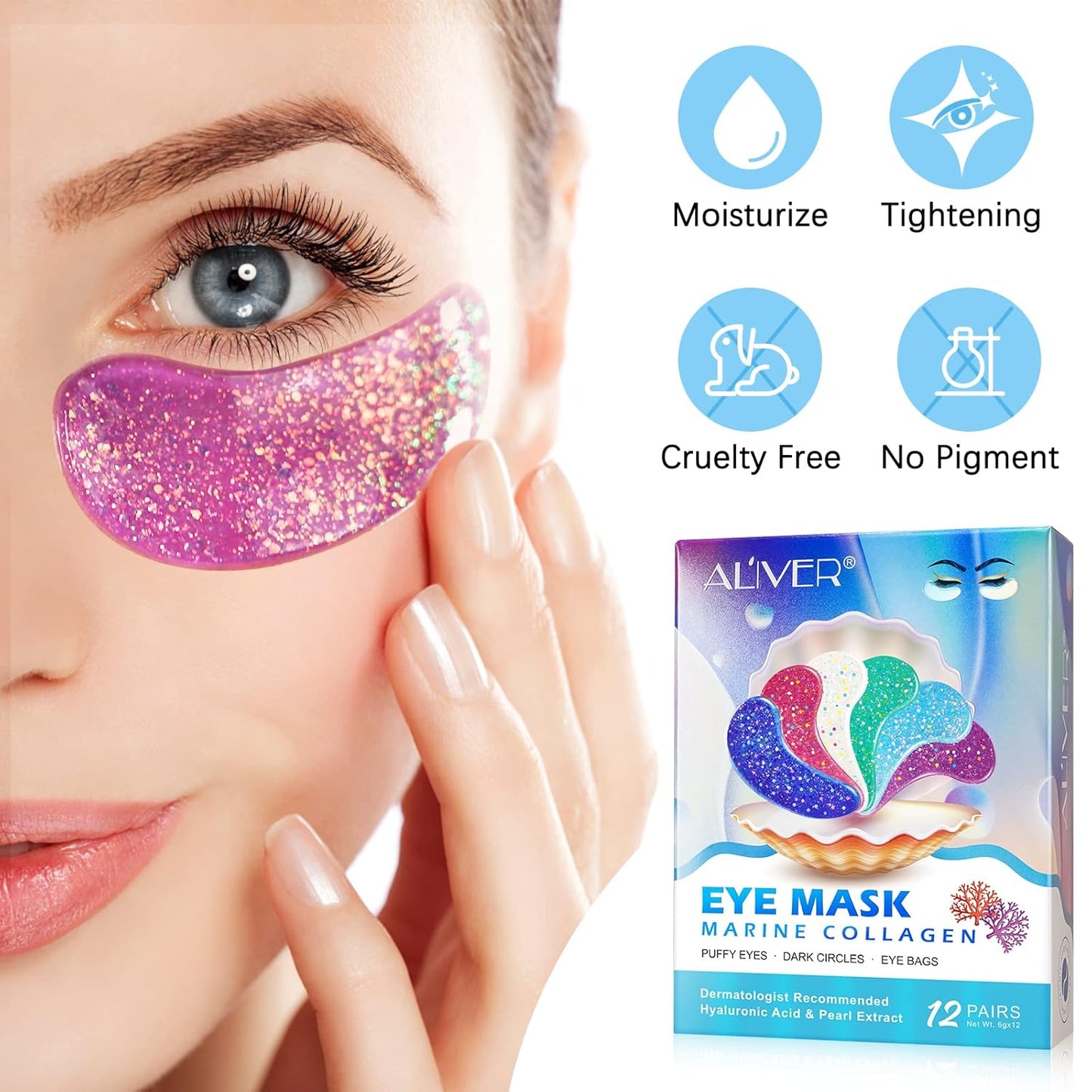 Eye Gels with Natural Marine Collagen Hyaluronic & Pearl Under Eye Patches, Under Eye Masks for Puffy Eyes & Dark Circles & Eye Bags, Face Moisturizer Treatment, Reduce Wrinkles (12 Pcs)