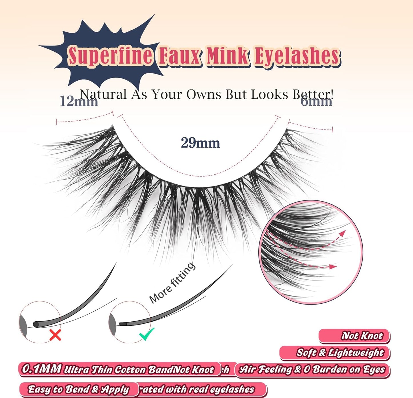 Natural Lashes Wispy Cat Eye Lashes 12mm False Eyelashes Natural Look Strip Lashes Thin Cotton Band Soft Eyelashes 3D Volume Lashes Pack C Curl Siligli Eyelashes 7 Pair