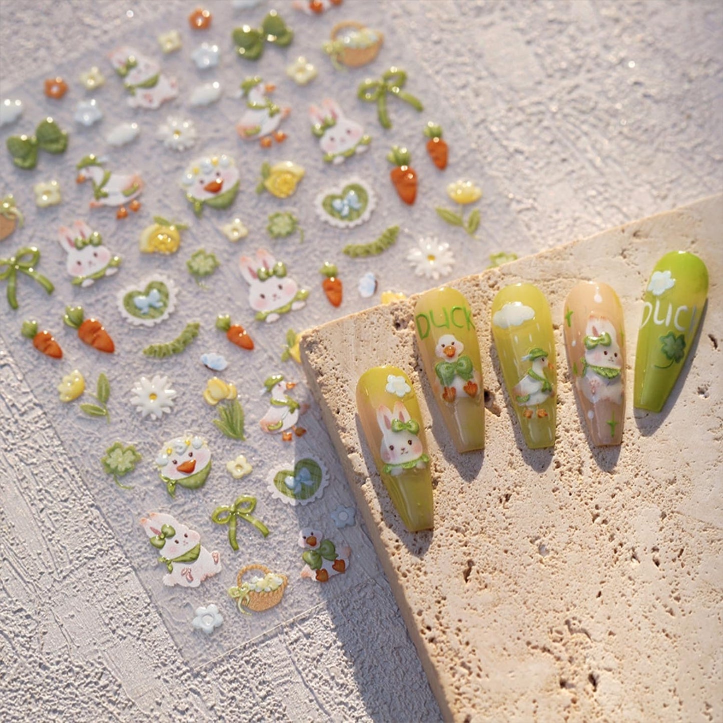 Easter Nail Stickers for Nail Art 5D Self Adhesive Nail Decals Cute Bunny Nail Art Stickers Green Bow Flower Nails Design Easter Nail Supplies for DIY Manicure Decoration for Women Girls