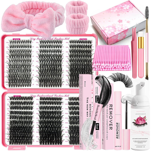 DIY Lash Extension Kit 590Pcs 9-18mm D Curl Lashes Clusters with Lash Bond and Seal Glue Remover Lash Shampoo Cleansing Brush Headband Wristband Tweezers Eyelash Brush Applicator