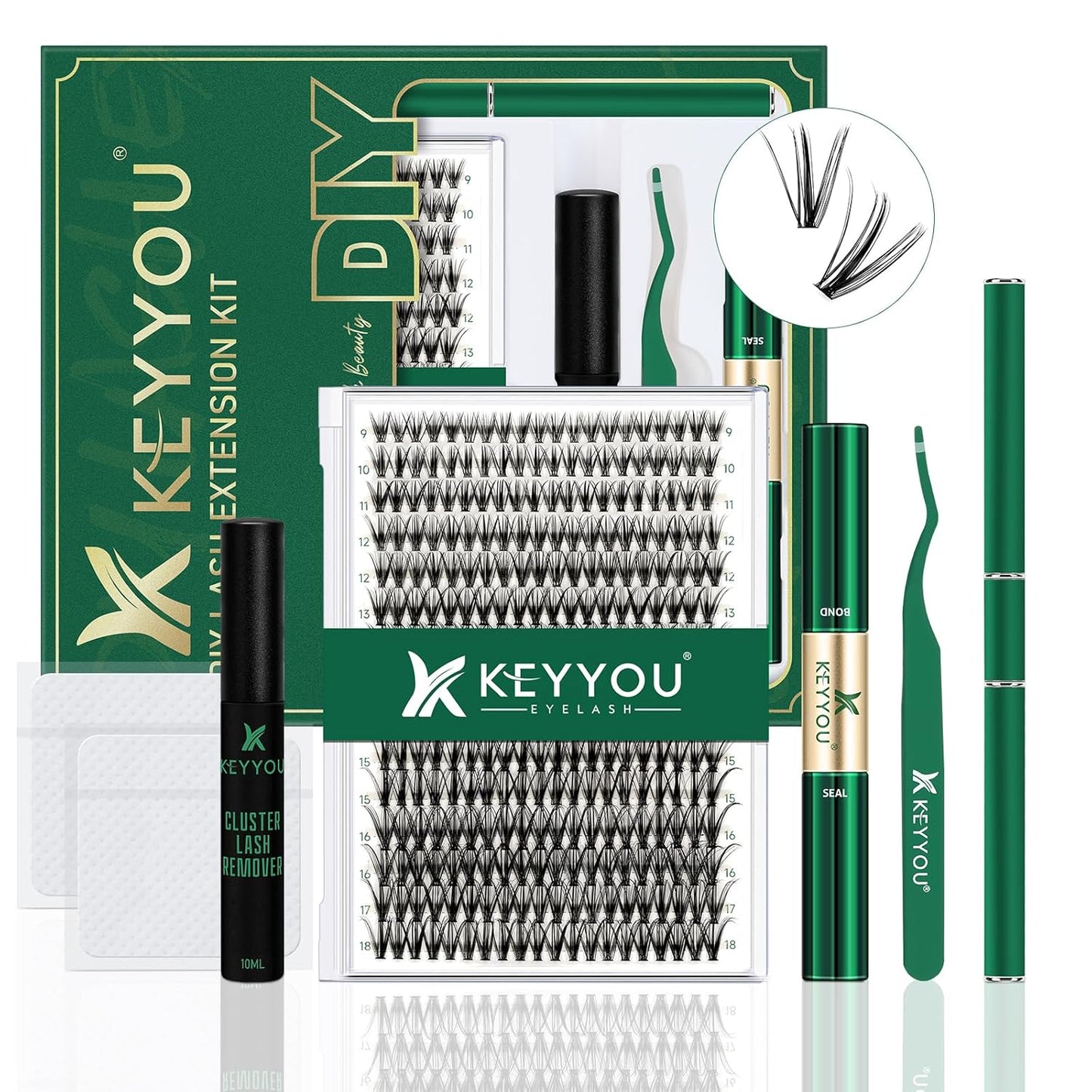 KEYYOU Lash Extension Kit DIY 300Pcs Lash Clusters Eyelash Extension Kit 30D D Curl 9-18MIX Lash Clusters Kit with Lash Glue Remover Applicator Easy to Use for Beginners(Kit,30D-D,9-18MIX)