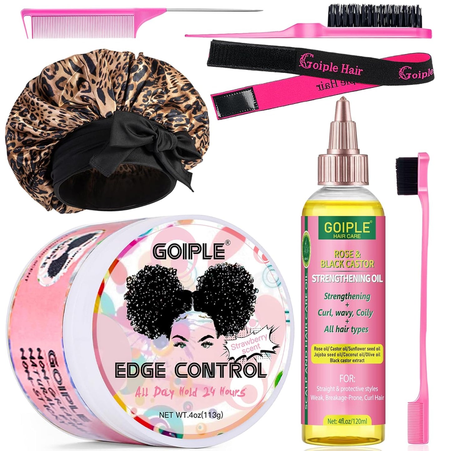 Edge Control Wax for Women Strong Hold - Edge Smoother Edge Wax Styling Gel Edge Control Wax for Black Hair - Rose & Castor Hair Oil for Hair Growth Strengthening Hair Oil Briad Bonnet Brush Set