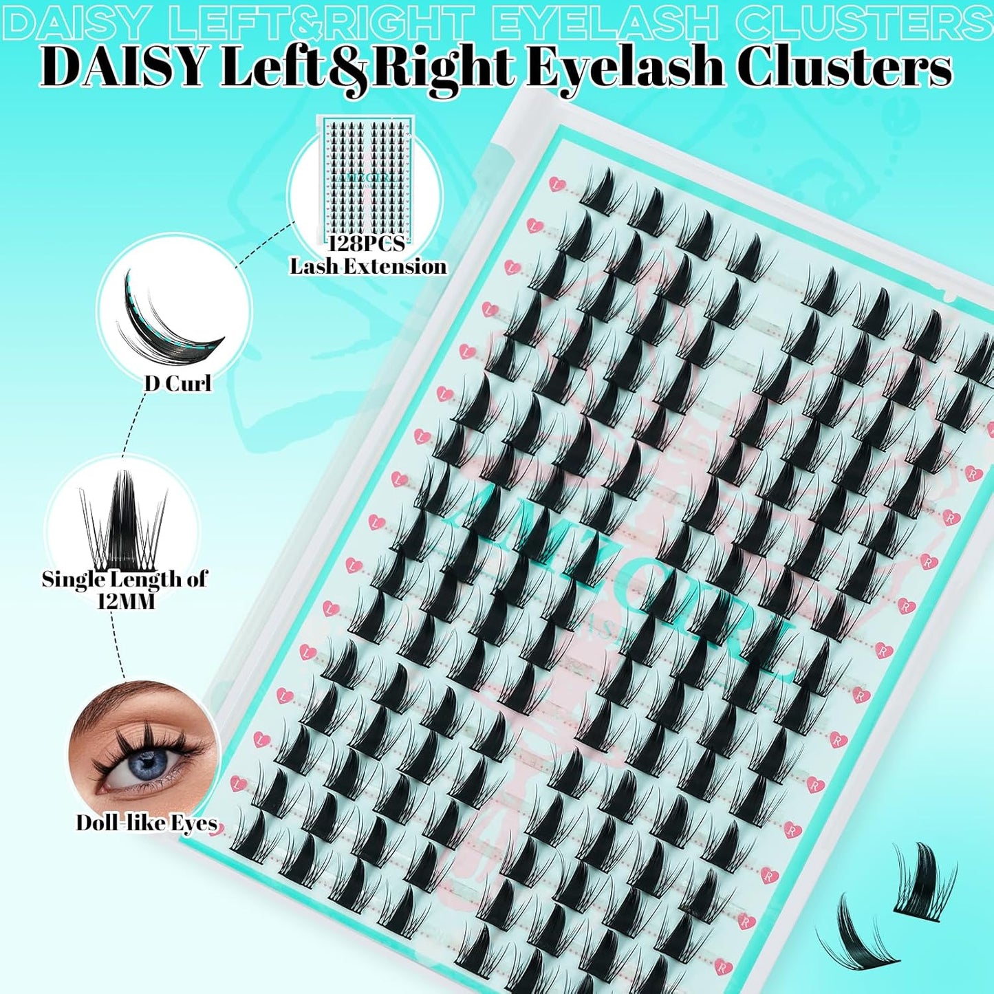 Manga Lash Clusters Wispy 128PCS Left & Right Volume Eyelash Extension,D Curl Wide Lash Band Lashes Cluster Eyelash Extensions Wet-Look Lashes Clusters(Daisy,D-12mm)