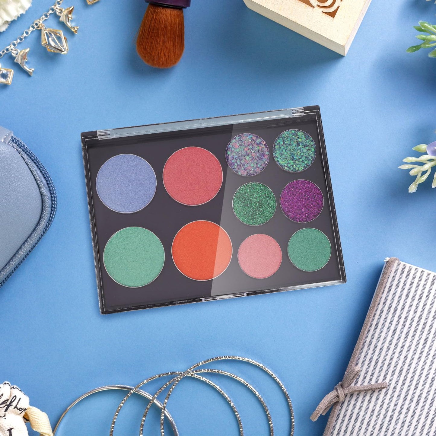 Magnetic Makeup Palette with Clear Top, Empty Eyeshadow Pan Dispensing Storage Box with 40Pcs Adhesive Metal Stickers for DIY Cosmetics Lipstick Blush Powder(Medium Palette - 5.7"x4.3")