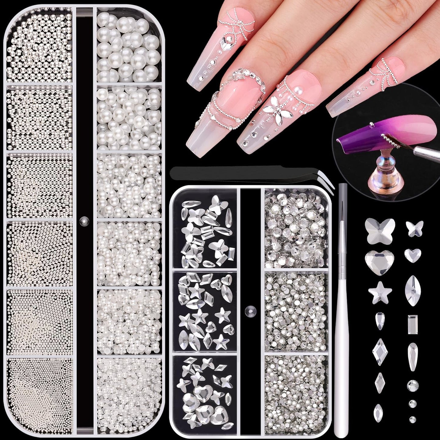 Flatback Pearls (White), Metal Nail Beads (Silver), and Glass Rhinestones (Clear) for Nail Art, Charms, and Round Caviar Beads - Multi Shapes Crystals Gems for Manicure Decor