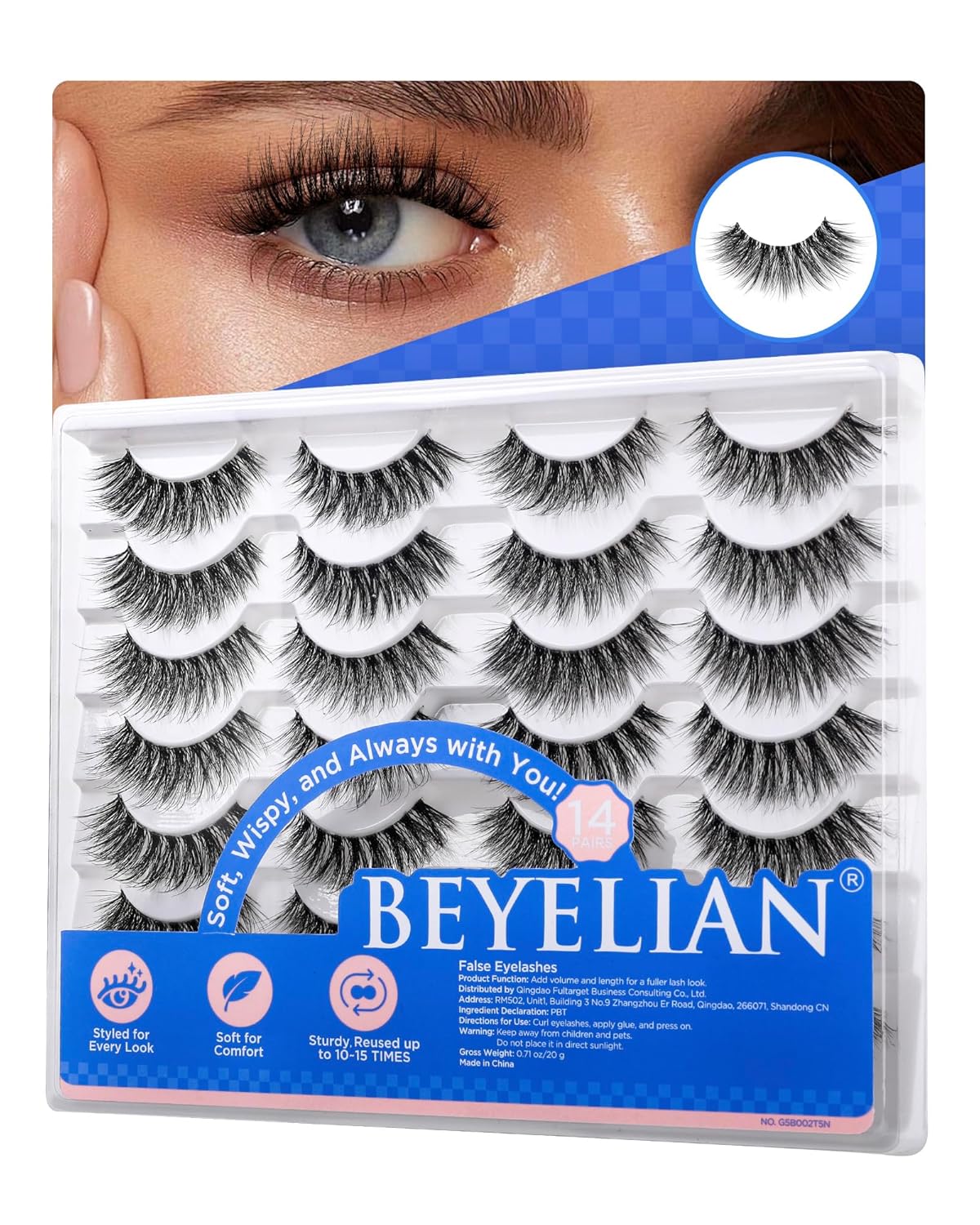 BEYELIAN 14 Pairs False Eyelashes D Curl Lashes Strip, 6-14MM 3D Volume Lash Pack Soft and Lightweight Faux Mink Lashes That Look Like Extensions, Reusable, Easy to Apply(14P-HSCS-52)