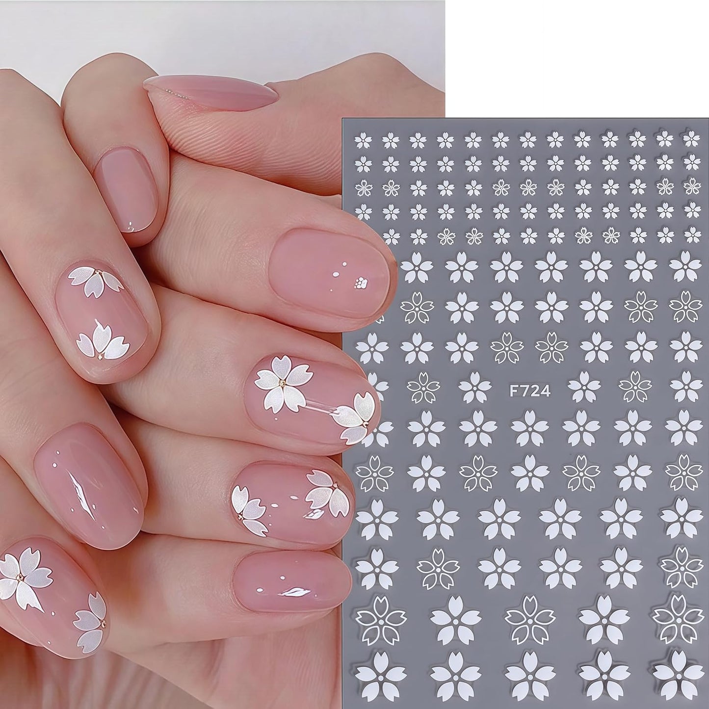 Flower Nail Stickers 3D Self-Adhesive Cute White Cherry Blossoms Decals Spring and Summer Leaves Flowers Design Supplies for Woman Girls DIY Manicure Decorations 8 Sheets
