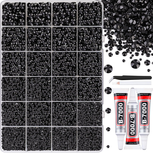 30000Pcs Black Rhinestones for Bedazzling Crafting, Flatback Resin Gems Crystal, Bedazzler Kit with 3Pcs 10ml B7000 Jewelry Glue and Tweezers for DIY Crafts Clothing Shoes Fabric Nail Art