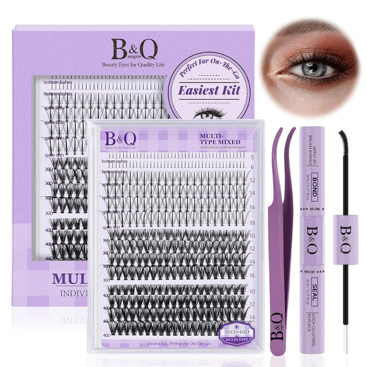 B&Qaugen B&Q Lash Extension Kit 10-16mm Eyelash Extension Kit Multi-Type A Lash Clusters Kit 256PCS Lash Clusters with Bottom Lashes, 7D Wispy Spikes Fans, Bond & Seal, Lash Tweezer （spike-A-10-16mm）