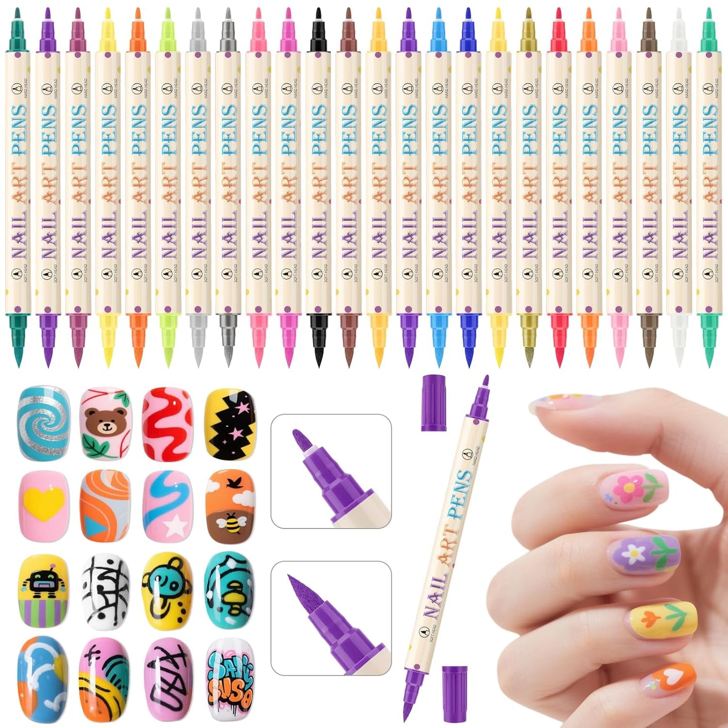24 Colors Nail Art Pens Set, 3D Nail Polish Pens Quick-Drying Acrylic Paint Markers,For Nail Art Drawing Painting Nail Point Dotting Liner Pen, Nail Design Kit Manicure Tools Home & Salon DIY