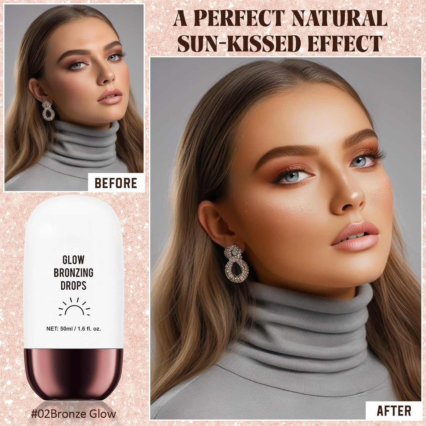 Instant Bronzing Drops, Face and Body Bronzer, Cream Liquid Bronzer Drops for Instant Tan, Bronze Drops, Blendable Lightweight Texture Bronzing Drops for Face - 02