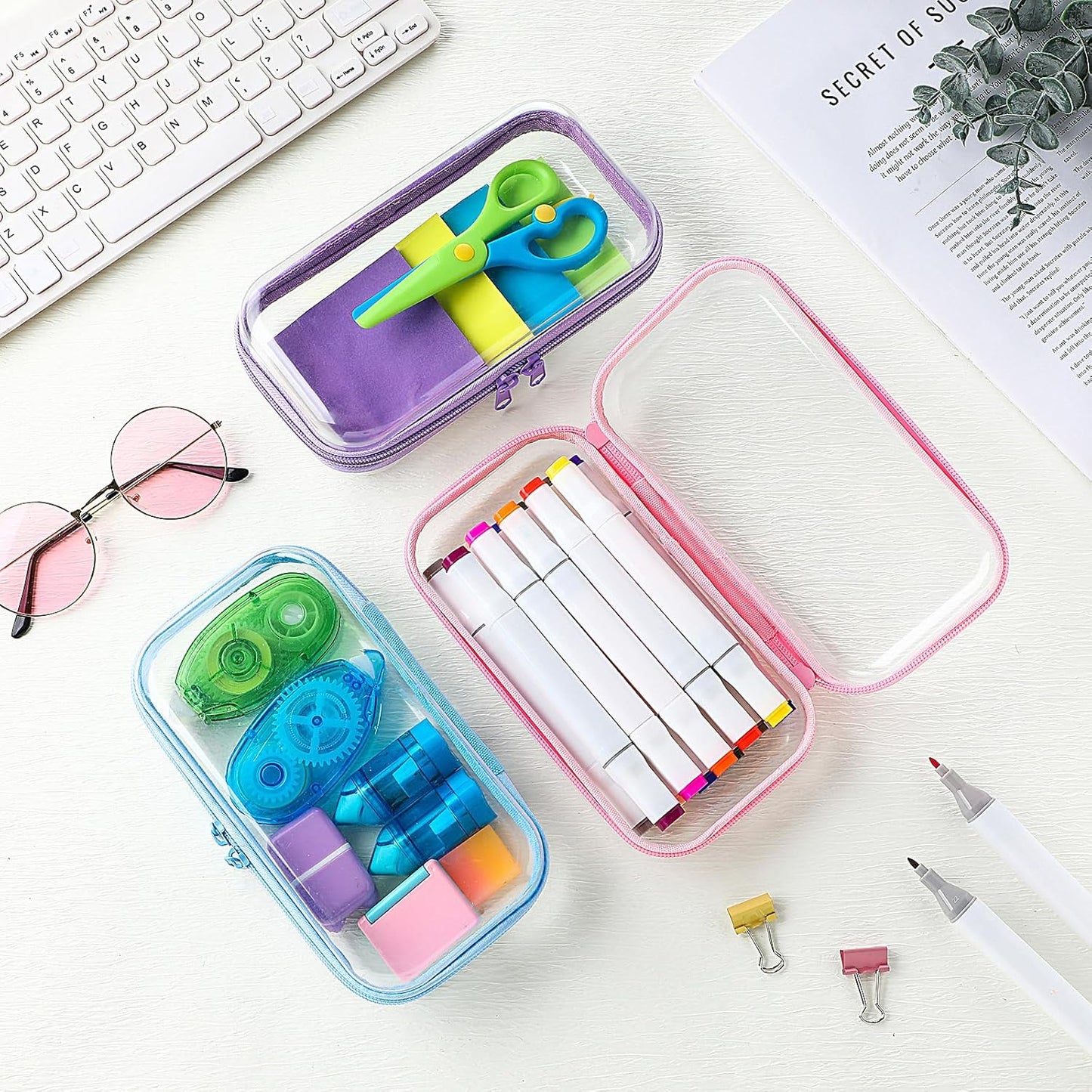 Hoolerry 3 Pcs Clear Hard Zipper Case Plastic Pouch Transparent Hard Case Clear Makeup Bag Portable Travel Organizer Bin for Cosmetics, Building Blocks, Puzzles(Multicolor,S)