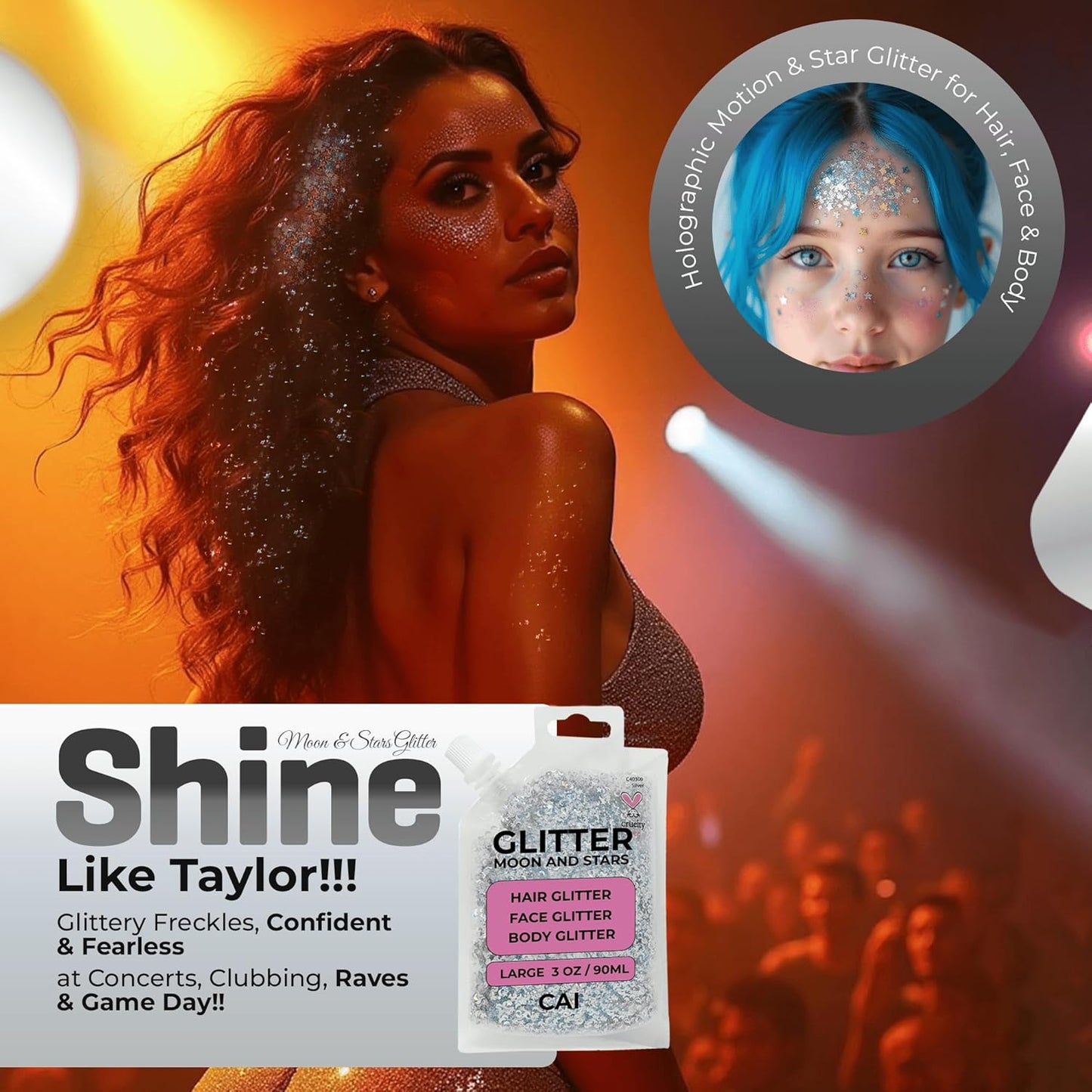 Face, Body & Hair Glitter Gel – Halloween Glitter for Kids and Women – 3 Oz Cosmetic-Grade Gel w/Moon & Stars for Festivals & Halloween Party, Easy Apply & Wash Off - Silver 2Pack