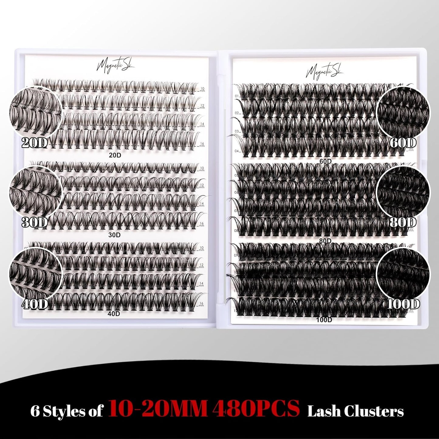 Lash Clusters 480 Clusters D Curl 10-20mm False Eyelash 60D 80D 100D Thick Eyelash Extension 20D 30D 40D Individual Eyelashes Multi-Style DIY Lash Extensions for Beginners(20D-100D-D, 10-20MIX)