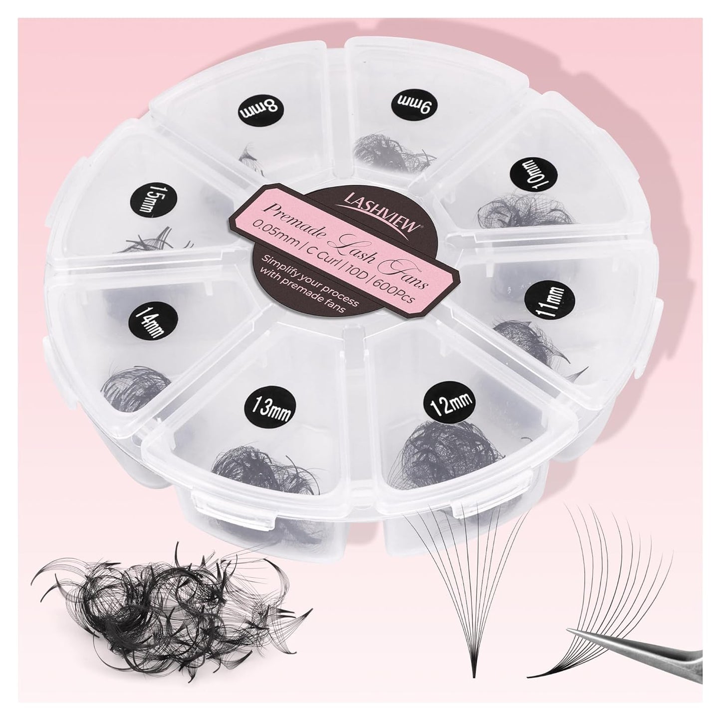 LASHVIEW 600 Fans 10D Premade Volume Eyelash Extensions Mixed Tray Premade Fans Eyelash Extensions C Curl Premade Lash Fans Pointed Handmade Promade Loose Fans Thin Base (10D-0.05C,8-15mm)
