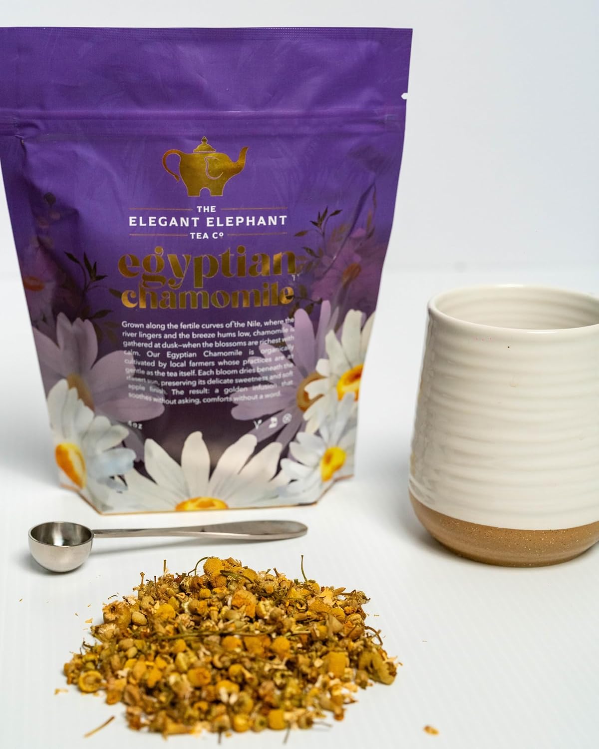 Egyptian Chamomile Tea, Organic Loose Leaf Herbal Tea – Cozy, Calming – Supports Stress Relief, Relaxation & Sleep – 4 oz Resealable Bag (Makes 50 Cups) – The Elegant Elephant