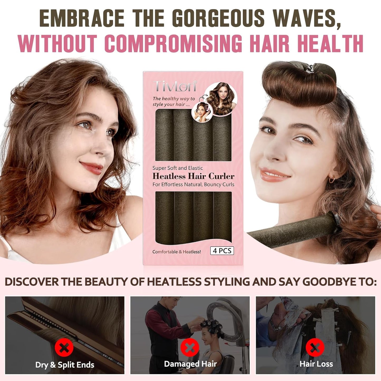 Heatless Curls Overnight, 4 Pcs No Heat Curling Blowout Rod, Satin Blowout Look Heatless Hair Rollers, Soft Flexi Rods for Big Curls to Sleep In