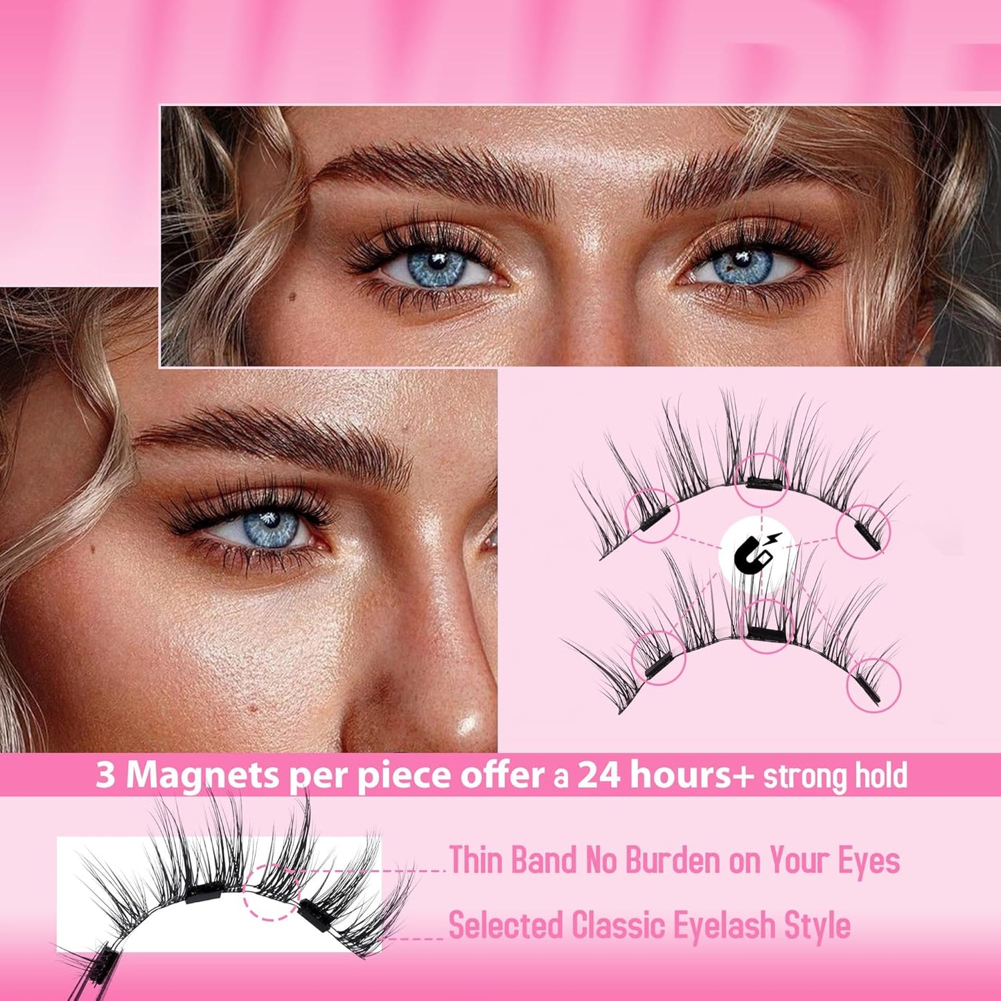 Natural Magnetic Eyelashes Wispy Magentic Lashes Reusable Clear Band Magnetic Eyelashes Kit with Applicator No Glue Needed Magnetic Lashes for All Day Comfort and Easy Wear and Remove by JIMIRE