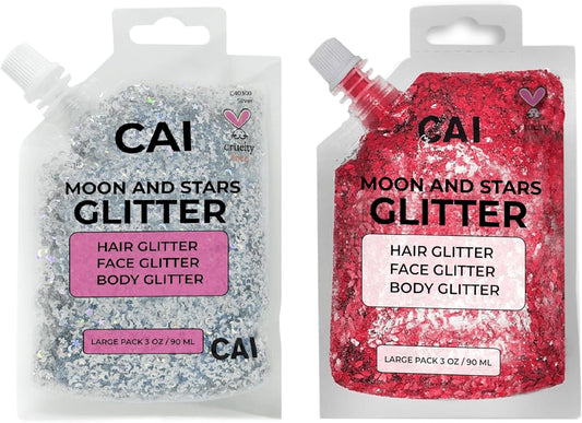 Face, Body & Hair Glitter Gel – Halloween Glitter for Kids and Women – 3 Oz Cosmetic-Grade Gel w/Moon & Stars for Festivals & Halloween Party, Easy Apply & Wash Off - Red/Silver 2Pack