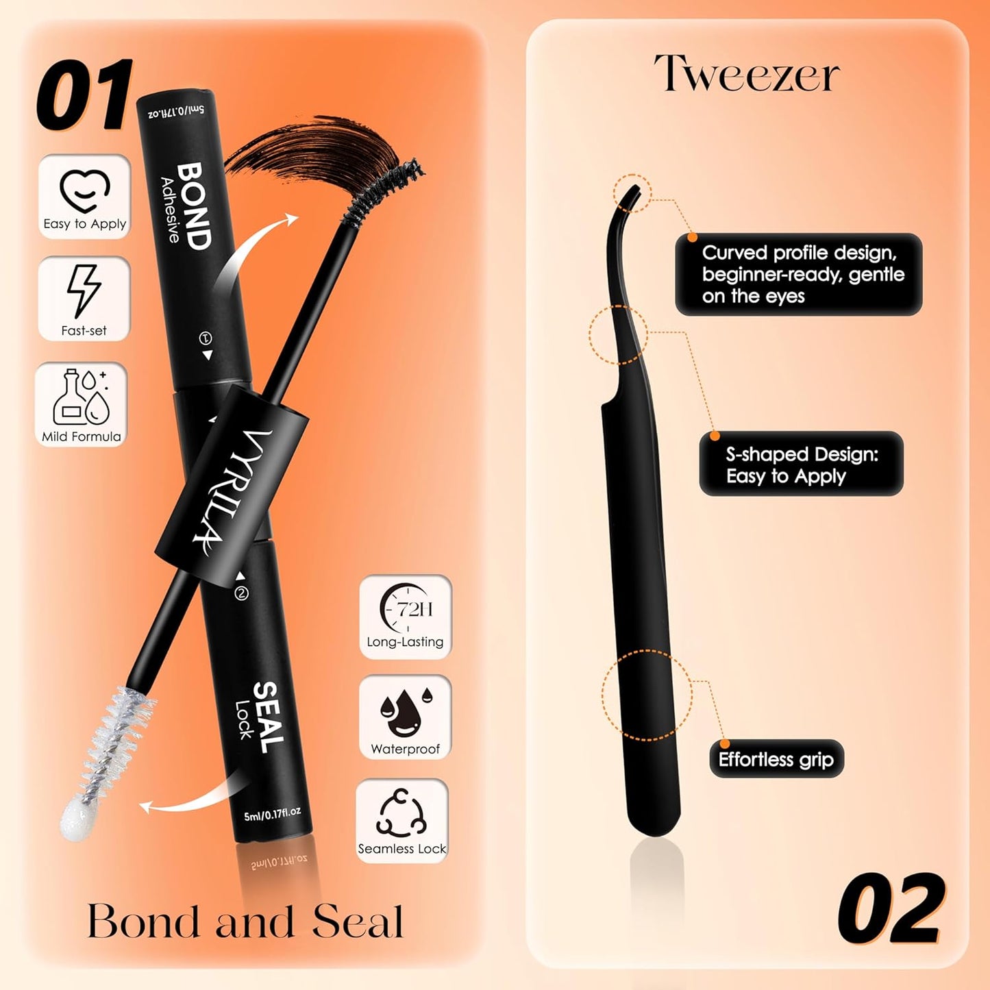 Lash Extension Kit-VYRILA 0.07mm Wispy C Curl Lash Clusters Kit 40P 8-16mix Individual Lashes with Lash Bond and Seal Waterproof,Lash Tweezers for DIY Lash Extension (Orange 40P Kit-C-8-16mix)