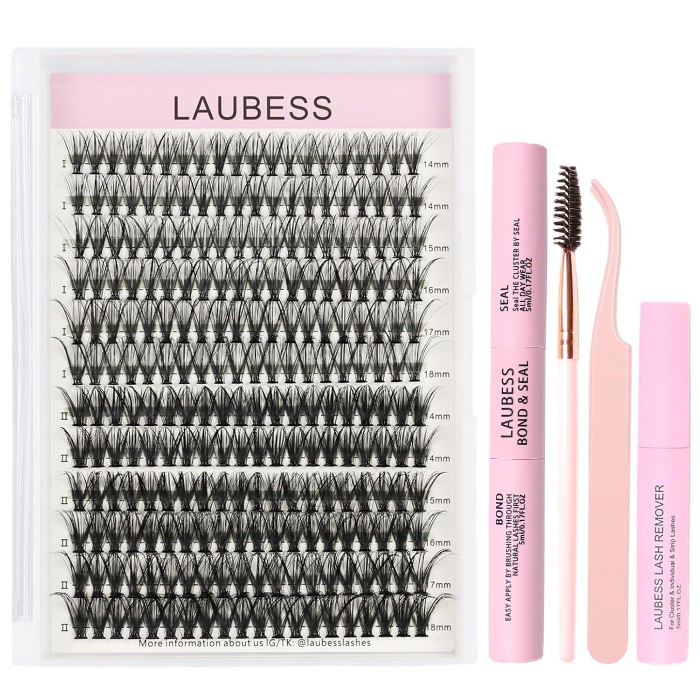 Lash Clusters Kit LAUBESS DIY Lash Extension Kit Lash Bond and Seal Waterproof Lash Glue Remover Tweezers Brush Cluster Eyelash Extensions Kit Eyelash Clusters (Kit 30D-D-Mix14-18)