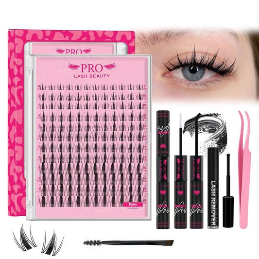 PROLASHBEAUTY Fairy Lash Clusters Kit Manga Spiky Eyelash Clusters Ultra Thin Band Natural Look Lashes Kit with Lash Bond and Seal Remover (Fairy, 8-18mix)