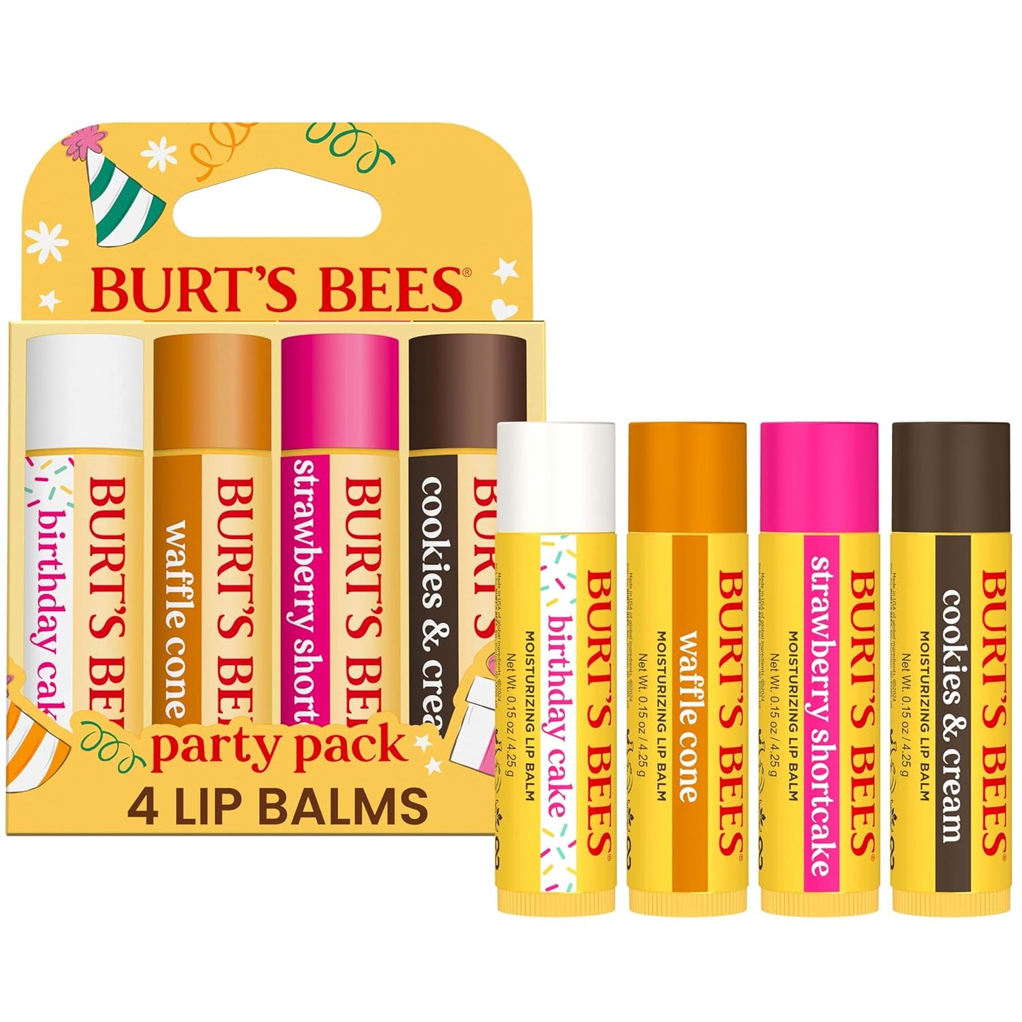 Burt's Bees Lip Balm Party Pack - Birthday Cake, Waffle Cone, Strawberry Shortcake, and Cookies & Cream, All Day Moisturizer, Tint-Free, Natural Origin Conditioning Lip Treatment, 4 Tubes, 0.15 oz.