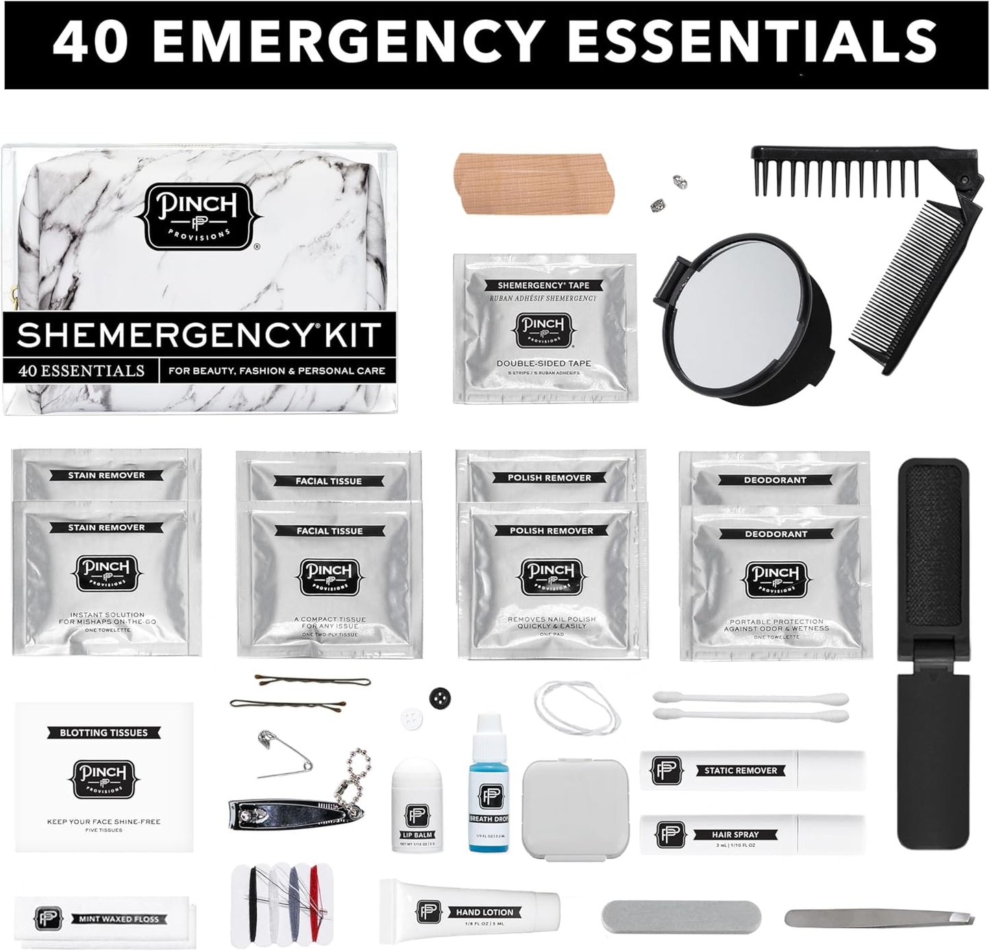 Pinch Provisions Shemergency Kit for Her, 40 Emergency Essential Items, Compact, Multi-Functional Pouch, Gift for Women, Birthday, Bachelorette Parties, and More!