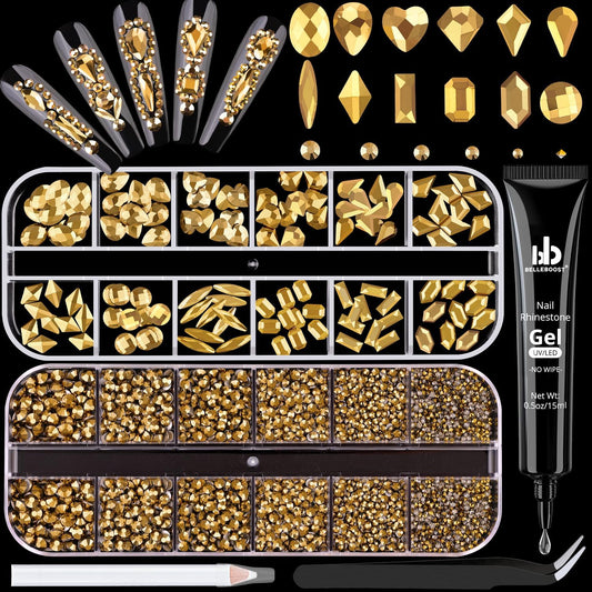 2680Pcs Mineral Gold Glass Nail Rhinestones 120Pcs Multi Shapes Flatback Nail Gems + 2560Pcs 1.5-4mm Round Crystal with Rhinestones Glue Gel, Manicure Nail Charms Diamond Gemstone for Nail Art