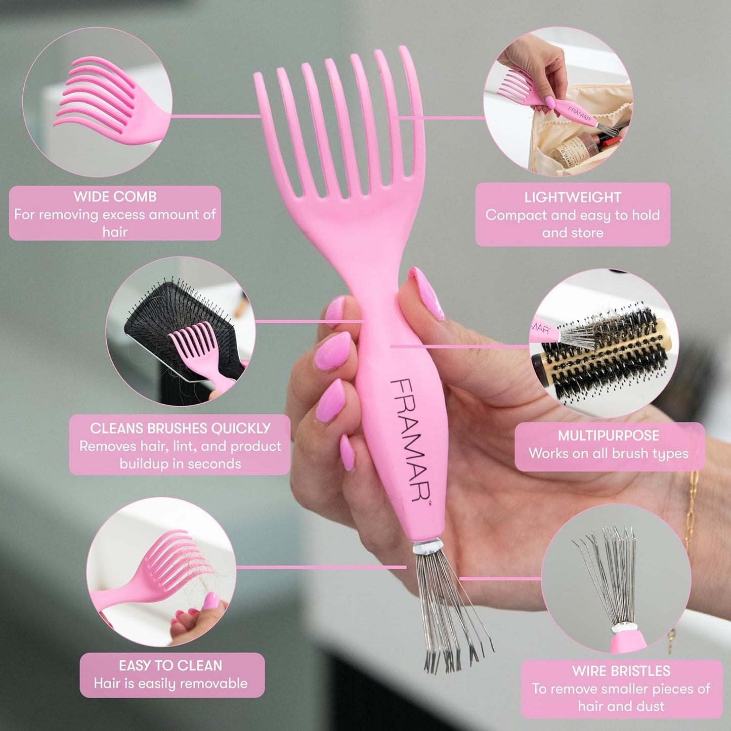 FRAMAR Premium Hair Brush Cleaner Tool – Hairbrush Cleaner Tool, Brush Cleaner Tool for All Types, Comb Cleaner – 2 in 1 Design Removes Hair & Build up Instantly – Pink