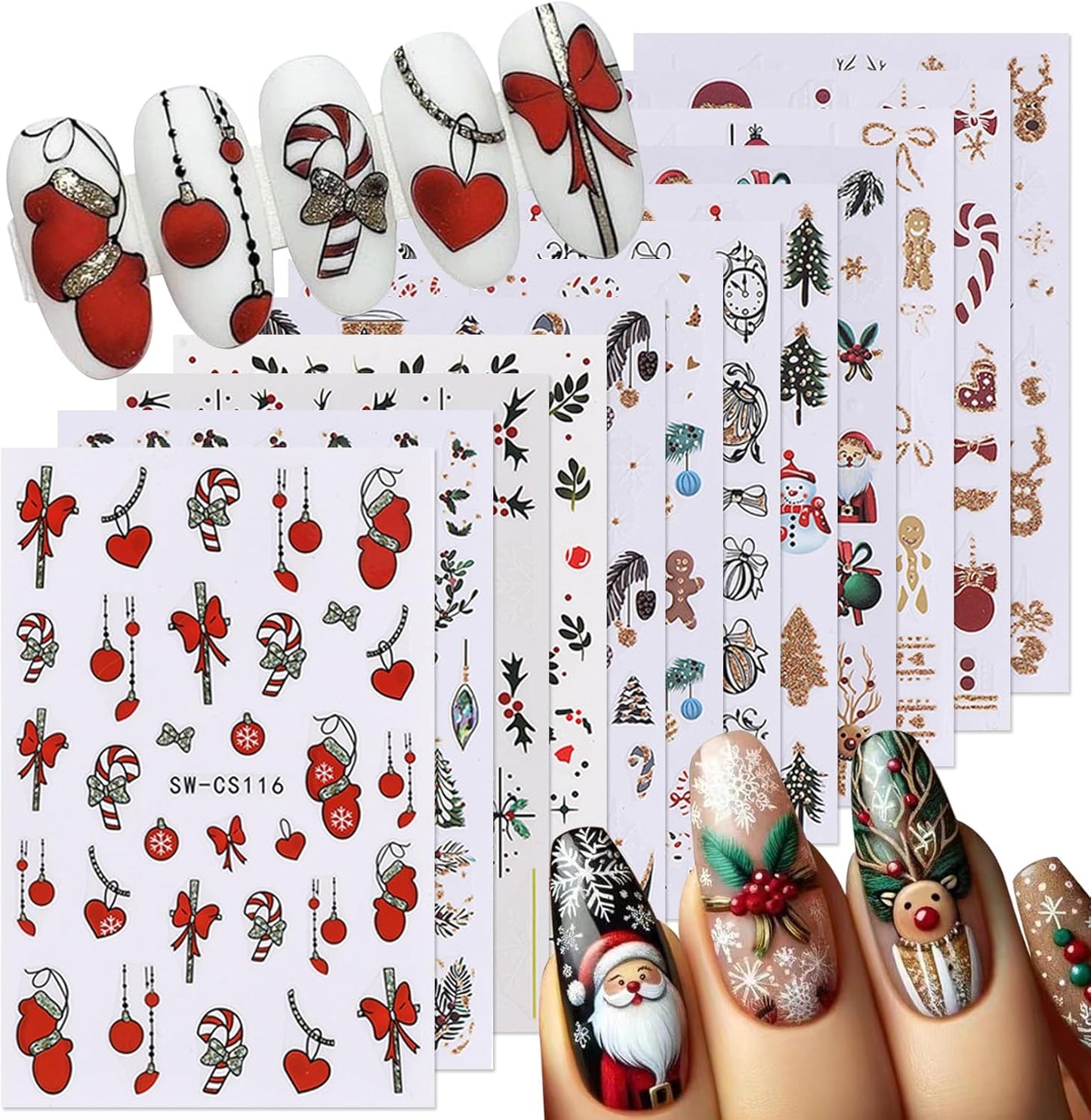 Glitter Christmas Nail Art Stickers 12 Sheets Sparkles Winter Nail Decals 3D Self Adhesive Nail Supplies DIY Santa Claus Gingerbread Man Snowflake Xmas Manicure Decoration DIY Supplies for Women Girl