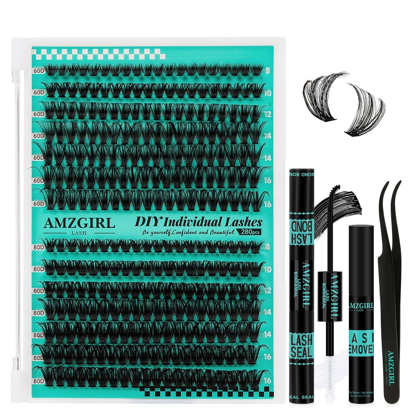 Lash Clusters Kit,280Pcs Individual 60D 80D Eyelash Extension Kit,Lash Bond and Seal,Lash Remover For Eyelashes Extensions,Lash Applicator Tool For False Lashes Cluster Kit At Home(D-Mix9-16mm)
