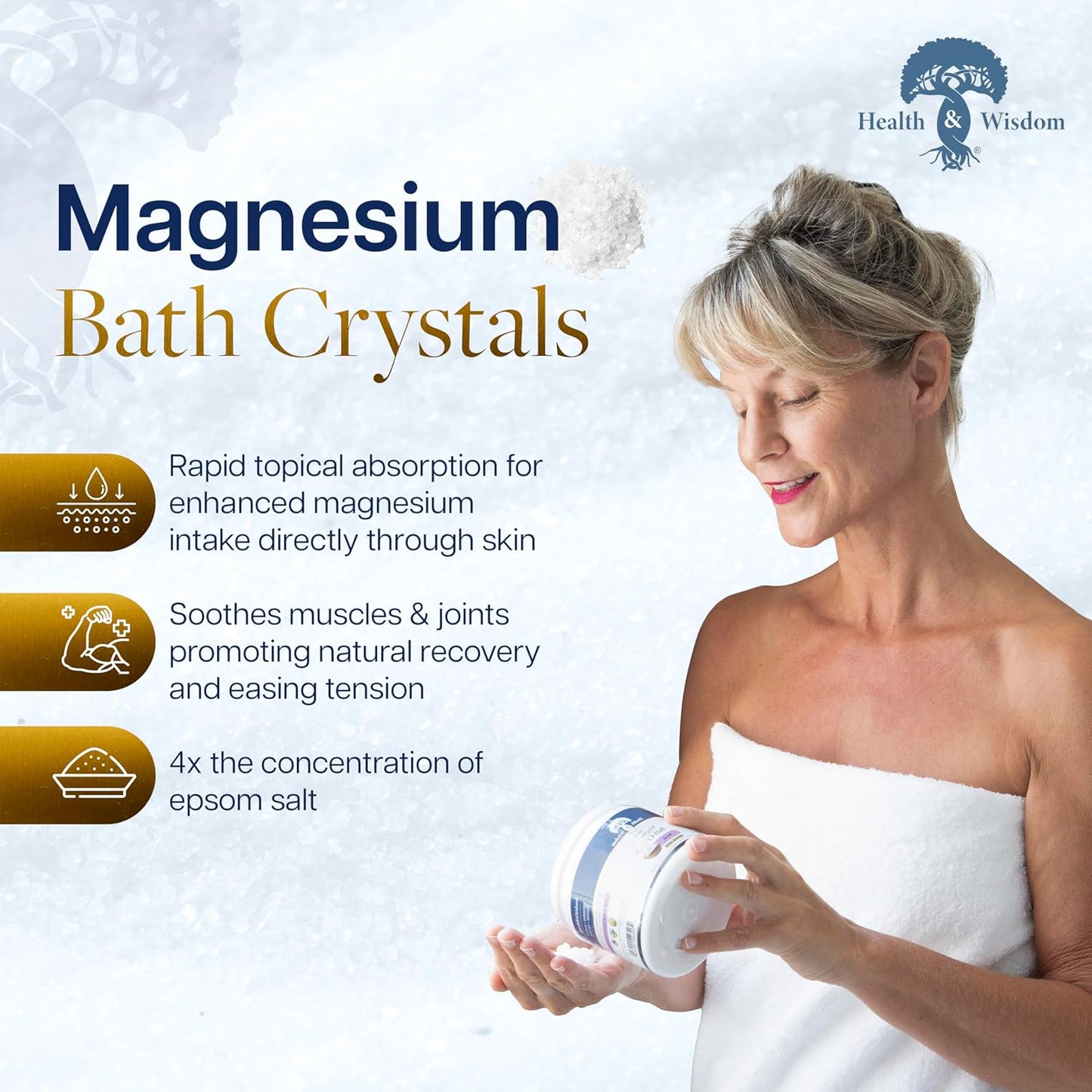 Health and Wisdom Magnesium Bath Crystals - Bath Salts with High Concentration & Enhanced Absorption for Muscle & Joint Relief - Dead Sea Sourced - Unscented - 1.75 lbs - Up to 14 Uses