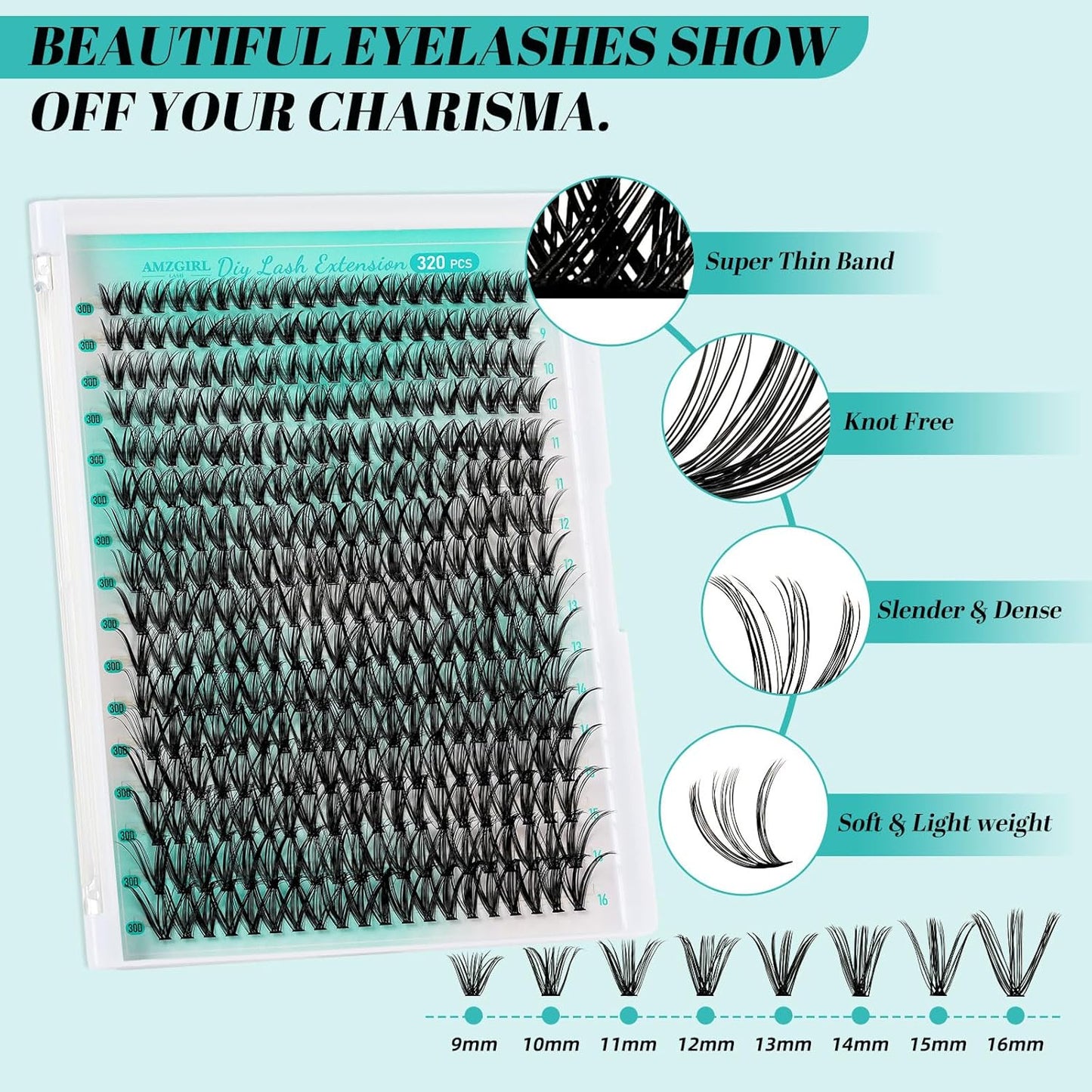 Lash Extension Kit 320Pcs,DIY Individual Lashes Clusters Kit,Lash Bond And Seal,Lash Remover For Eyelashes Extensions,Lash Applicator Tool For False Eyelash Cluster Kit At Home(30D,D-Mix9-16mm Kit)