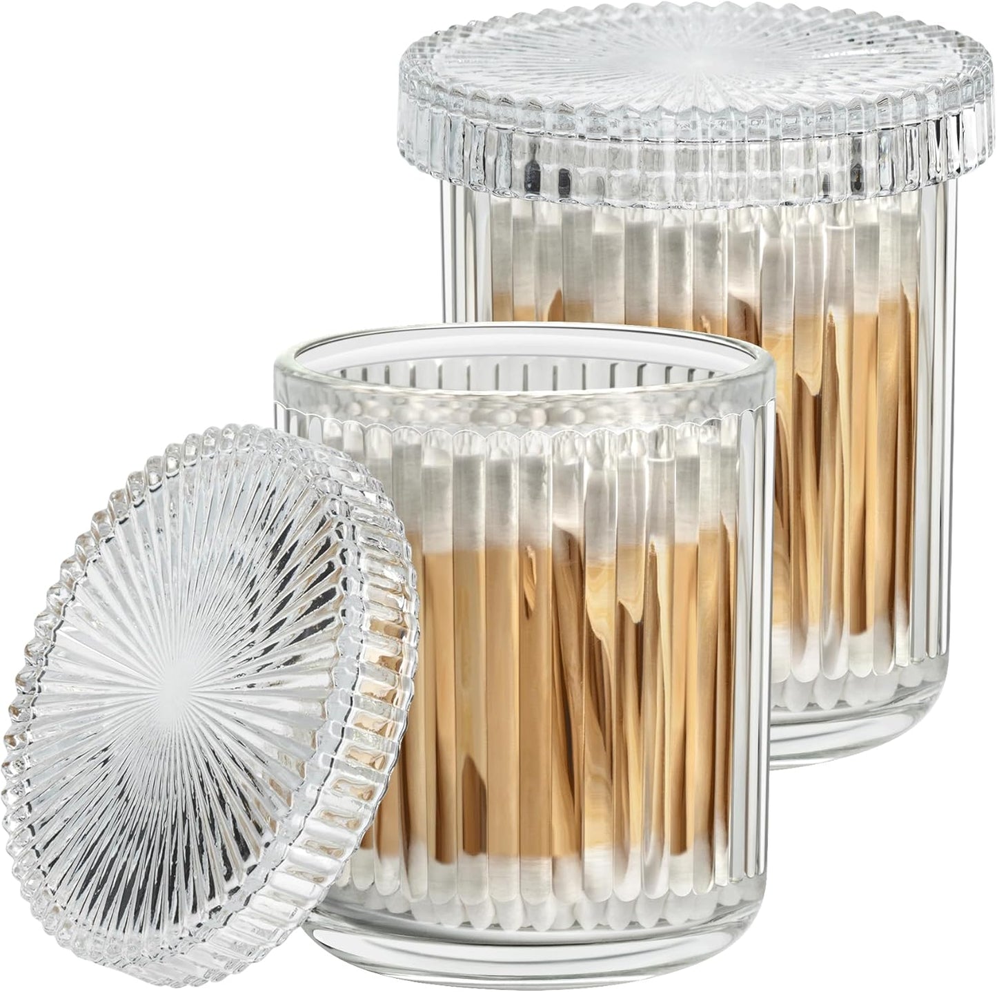 Glass Qtip Holder with Lid,Bathroom Organizer and Storage Jars - Apothecary Jars for Cotton Balls, Cotton Swabs,Pads,Floss Picks,Vanity Organizer,Bathroom Accessories and Countertop Storage Canisters