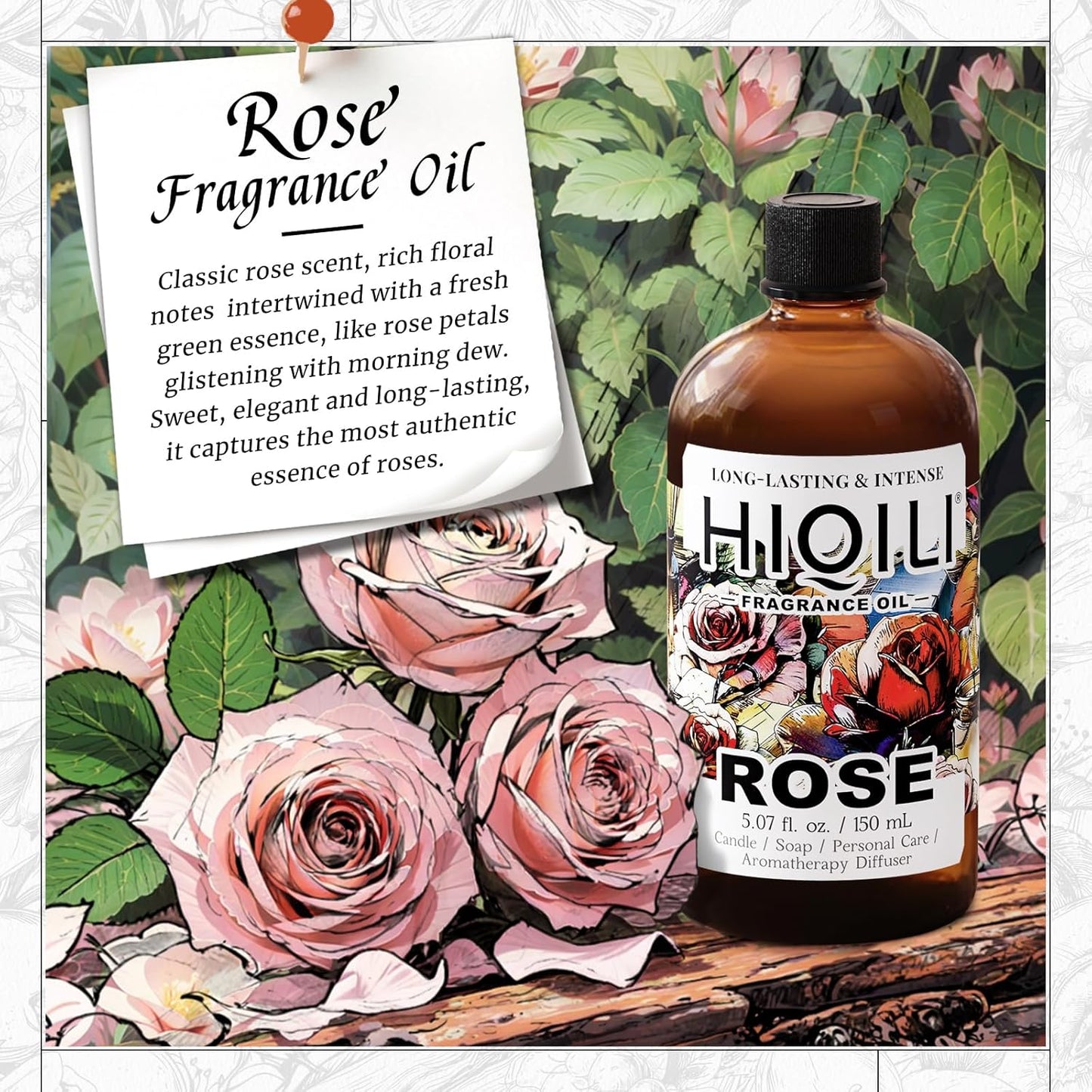 HIQILI Rose Fragrance Oil for Candle & Soap Making, Essential Oil Diffuser, Floral Scents, Add to Laundry Dryer Balls - 5.07 Fl Oz