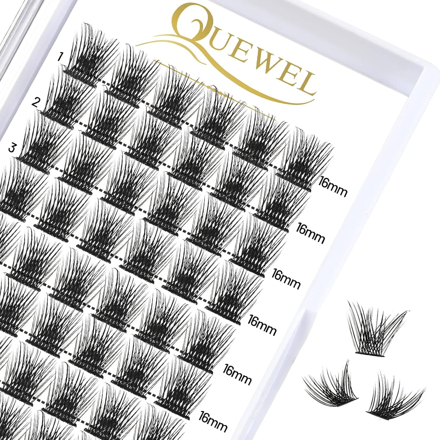 QUEWEL Cluster Lashes 72 Pcs Wide Stem Individual Lashes C/D Curl 8-16mm Length DIY Eyelash Extension False Eyelashes Soft for Personal Makeup Use at Home (H03-C-16)