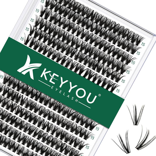Lash Clusters 300pcs Individual Lashes 40D 0.07C Curl 15mm DIY Eyelash Extension KEYYOU Large Tray Volume Soft&Natural Cluster Lashes(40D-0.07C,15）