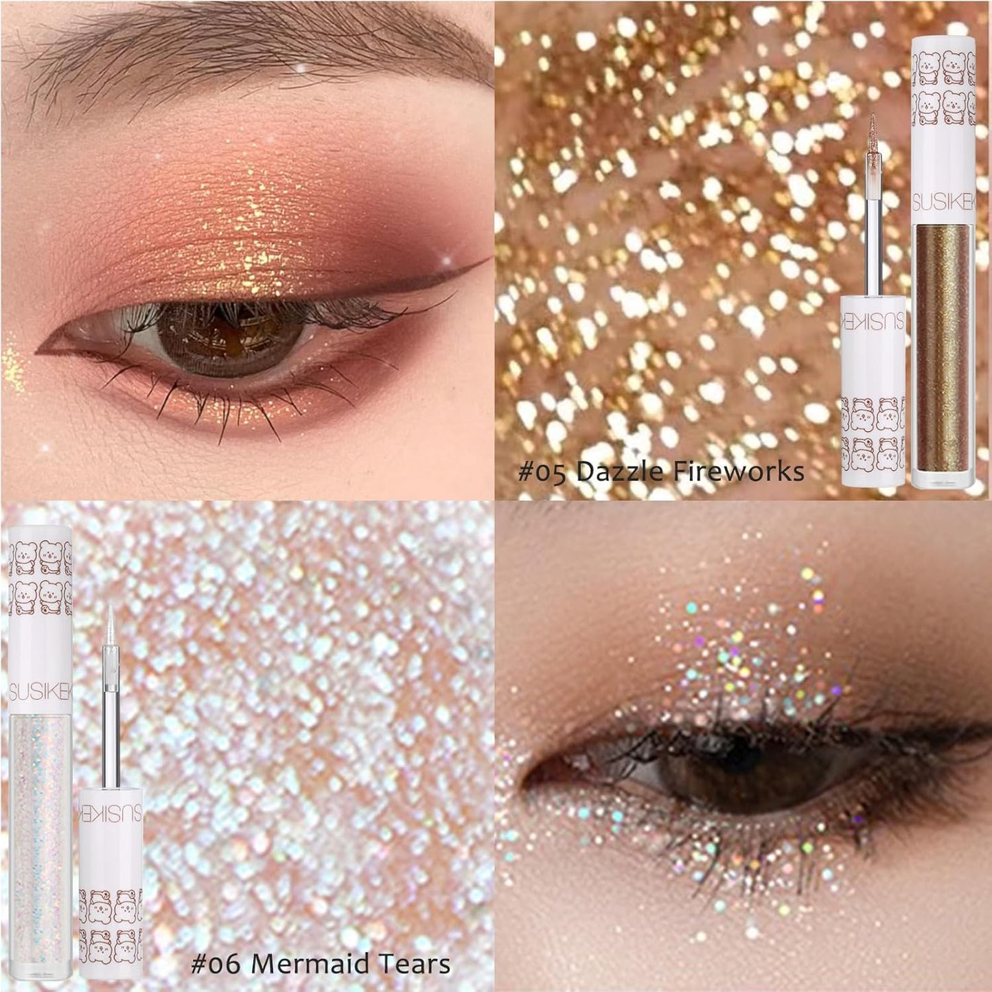 Eye Glitter Liquid Eyeshadow Eyeliner Set(6Pcs), Glittery Korean Makeup Bling Under Eye Shadows, Shimmer Tear Drop Make Up Gift Kit, Quick-Dry, Long-Lasting Loose Glitter Glue for Crystal Makeup