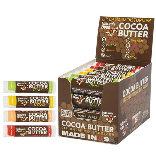 Nature's Bees Cocoa Butter Lip Balm, Lip Care for Dry Lips, Made with Coconut Oil, Beeswax, Vitamin E, Aloe, and Shea Butter, 0.15 oz Each, 4 Flavors, Citrus, Coconut, Cherry, and Mint, 24 Pack
